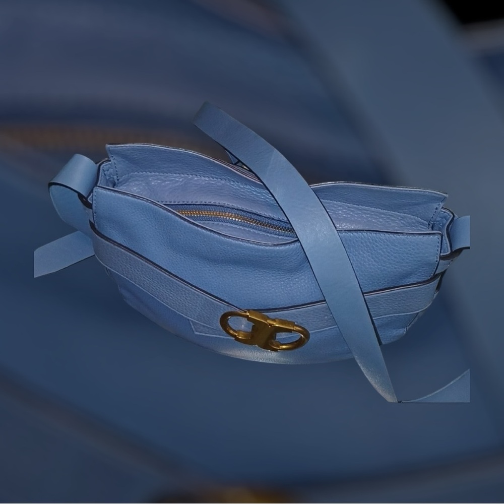 EUC Tory Burch Gemini Link blue slate pebble leather hobo messenger style - Picture 3 of 10